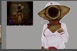 blush breasts cleavage female hollow_nurse monster monster_girl nightmare_waifu no_face nurse_cap nurse_outfit psychopomp_(fading_club) small_breasts sweat