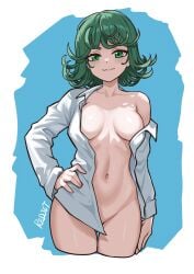 1girls artist_name barely_clothed clever_censor green_eyes green_hair light-skinned_female light_skin naked_female nipples_covered one-punch_man open_shirt petite pussy_covered redjet small_breasts tatsumaki