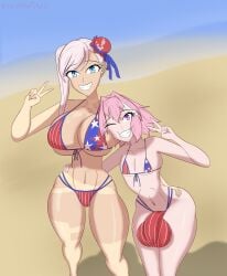 1boy 1boy1girl 1girls 4th_of_july astolfo_(fate) beach big_balls big_breasts big_butt big_penis bikini blue_eyes breasts bulge bulge_through_clothing fate/grand_order fate_(series) female grin head_on_breasts huge_ass huge_balls huge_breasts huge_cock kawaiiredpandas miyamoto_musashi_(fate) miyamoto_musashi_(swimsuit_berserker) otoko_no_ko peace_sign penis pink_eyes pink_hair sea seaside silver_hair smile smiling squish squished_breasts swimwear tan tan-skinned_female tan_skin tanline thick_thighs trap wink winking_at_viewer