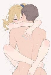 ai_generated arms_around_neck blonde_hair blue_eyes blush hayasaka_ai kaguya-sama_wa_kokurasetai_~tensai-tachi_no_renai_zunousen~ leg_lock missionary_position painted_nails painted_toenails passionate side_ponytail