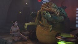 2girls 3d alexbridger ass braided_hair braided_ponytail brown_eyes brown_hair bubble_butt enslaved_royal green_skin harem harem_girl head_first hutt interspecies jabba's_palace jabba_the_hutt jawa long_hair medium_breasts monster monster_on_female oola princess_leia_organa pussy scared shaved_pussy slave slave_collar slave_girl slave_leia star_wars vore