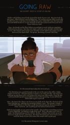 alien alien_futa bangle black_thighhighs bracelet breasts brown_lips clothed couch dark-skinned_female dark-skinned_futa dark_skin dickgirl dickgirl/female earrings english_text erection female futa_pov futanari glasses gold-framed_eyewear hair_bun hand_on_thigh hoop_earrings incase intersex interspecies interspecies_relationship kneeling kneeling_female kneeling_oral_position large_penis looking_at_viewer on_couch original penis penis_grab penis_out pov puazi secretary shirt story story_at_source text thighhighs