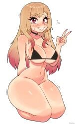 1girls big_breasts bikini_top bikini_top_only blonde_hair bottomless bottomless_female breasts female female_focus haolksou kitagawa_marin light-skinned_female light_skin long_hair pink_eyes shiny_skin sono_bisque_doll_wa_koi_wo_suru thick_thighs v white_background