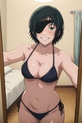 ai_generated bed bedroom bikini bikini_bottom bikini_top black_bikini blush chainsaw_man female female_focus female_only front_view himeno_(chainsaw_man) looking_at_viewer mirror mirror_reflection pinku.ai smile