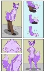 after_transformation anthro breast_grab breasts canid canine deiser female fox fox0808 fur gender_transformation goo_creature goo_transformation hand_on_breast hi_res human human_to_anthro humanoid latex latex_transformation male mammal mid_transformation mtf_transformation nipple_fetish nipple_play nipples purple_body purple_fur slime smiley_face solo species_transformation transformation