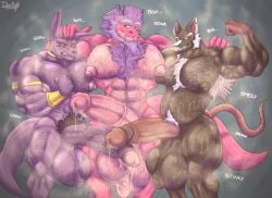 anthro arm_around_shoulder balls beard beerus belly_hair big_balls big_penis bodily_fluids body_hair bracelet brown_body chest_hair chest_tuft dark_wolf domestic_cat dragon dragon_ball dragon_ball_super facial_hair felid feline felis genital_fluids genitals group hair hairy hairy_balls hairy_legs hand_behind_head hi_res horn huge_balls huge_cock humanoid hyper hyper_balls hyper_genitalia hyper_penis jewelry long_(wish_dragon) male mammal master_splinter murid murine musclegut muscles muscular muscular_anthro muscular_humanoid muscular_male muscular_thighs mythological_creature mythological_scalie mythology nipples pecs penis pink_body pose precum pubes purple_body purple_hair rat rodent scalie sweat sweatdrop tail teenage_mutant_ninja_turtles trio tuft vein veiny_muscles veiny_penis wish_dragon