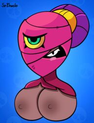 2019 big_breasts black_skin blue_background blush brawl_stars breasts female female_only mask nipples one_eye ponytail purple_hair sirdraeko solo supercell tara_(brawl_stars) topless uncensored