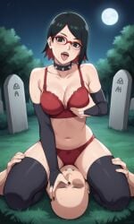 ai_generated ass bigmic145 black_hair boruto:_naruto_next_generations bra breasts bridal_gauntlets choker cleavage facesitting female glasses goth goth_girl gothic medium_breasts multicolored_hair naruto naruto_(series) navel panties red_hair sarada_uchiha tease teasing thighhighs
