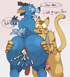 2025 animal_crossing anthro antlers ass bam_(animal_crossing) blue_body blush blush_lines bodily_fluids clothing colored cum cum_dripping_from_ass cum_dripping_from_penis cum_in_ass cum_inside cum_on_penis deer dialogue duo english_text exhausted felid genital_fluids genitals heart_eyes heart_symbol hi_res horn knightferret male male/male mammal nintendo pantherine penis rear_view shaded shirt speech_bubble spiral spiral_eyes sweat sweaty_butt tail tail_motion tailwag tank_top text tiger topwear tybalt_(animal_crossing) yellow_body