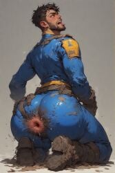 ahe_gao ai_generated anal_gape big_anus destroyed_anus diarrhea dirty_clothing fallout fallout_4 gay kneeling male male_only scat shitting worn_clothing