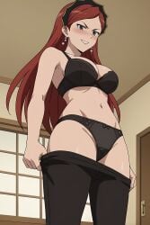 ai_generated alone bedroom black_bra black_leggings black_panties blush bra female female_focus female_only front_view hilda_boreas_greyrat leggings leggings_down looking_at_viewer mushoku_tensei panties pinku.ai smirk