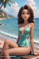 1girls ai_generated apple_inc. artist_name bare_shoulders beach blue_sky breasts brown_eyes brown_hair cleavage cloud collarbone day dress floral_print hi_res lips long_hair looking_at_viewer luck_(movie) medium_breasts nose ocean outdoors palm_tree panties parted_lips patreon_username progenarts sam_greenfield sand sitting sky sleeveless_dress solo tree underwear water watermark web_address
