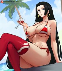 1girls abs athletic bikini black_hair blue_eyes boa_hancock cutesexyrobutts_(style) earrings female female_only fit_female huge_breasts long_hair one_piece palm_tree seaside shinjinou solo thick_thighs thighhighs voluptuous