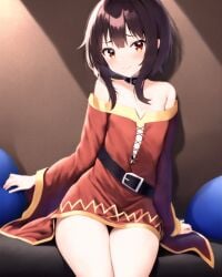 1girls ai_generated brown_hair cute dress kono_subarashii_sekai_ni_shukufuku_wo! looking_at_viewer megumin microdress petite red_eyes small_breasts