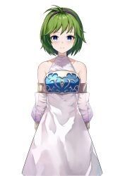 1girls ahoge alternate_costume blue_eyes breasts detached_sleeves dogansa dress female female_only fire_emblem fire_emblem:_the_blazing_blade fire_emblem_heroes green_hair hairband looking_at_viewer nino_(fire_emblem) nino_(khadein)_(fire_emblem) nintendo official_alternate_costume see-through short_hair small_breasts smile solo