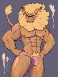 abs anthro bara blonde_hair blonde_pubic_hair bulge digimon digimon_(species) digimon_adventure flat_colors furry_ears furry_tail gay leomon line_art lion male male_only mammal mane muscular muscular_arms muscular_legs muscular_male orange_body orange_fur orange_tail pecs pectorals render self_upload yaoi zodanzora