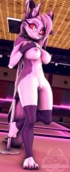 3d_(artwork) anthro breasts canid canid_demon clothing demon digital_media_(artwork) female furry genitals grin hellhound helluva_boss hi_res inside legwear looking_at_viewer loona_(helluva_boss) mammal nude pole pussy red_eyes senthaurekmern sharp_teeth smile solo tagme teeth