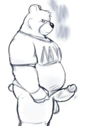 2023 animal_crossing anthro balls band-aid bandage bear belly clothing curt_(animal_crossing) erection genitals hi_res male mammal nintendo overweight overweight_male penis shirt solo topwear unholyluhen