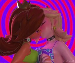 2girls 3d 3d_animation @_@ animated bimbo bimbo_lips breast_press breast_size_difference choker crown dark-skinned_female female female_only flower_earrings french_kiss holding_hands hypnosis kissing light-skinned_female looking_at_viewer mario_(series) mind_control nintendo plump_lips princess_daisy princess_rosalina saliva saliva_string saliva_trail shorter_than_30_seconds sound spiked_collar star_earrings swirly_eyes thick_lips video wyerframez yuri