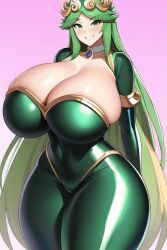 ai_generated cleavage curvaceous curvy curvy_figure green_eyes green_hair green_latex huge_breasts huge_cleavage huge_hips kid_icarus kid_icarus_uprising latex_suit long_hair looking_at_viewer nai_diffusion naughty_face nintendo palutena shiny_clothes shiny_hair shiny_skin stable_diffusion thick_thighs thunder_thighs voluptuous wide_hips