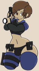 1boy belly_button brown_eyes brown_hair bulge capcom cdk crop_top digital_media_(artwork) femboy flashlight gun holster leon_scott_kennedy long_sleeves looking_away resident_evil short_hair thigh_bulge thighhighs thin_waist underwear utility_belt watermark