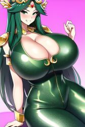 ai_generated cleavage curvaceous curvy curvy_figure gigantic_breasts green_eyes green_hair green_latex huge_breasts huge_cleavage kid_icarus kid_icarus_uprising latex_suit long_hair looking_at_viewer nai_diffusion naughty_face nintendo palutena shiny_clothes shiny_hair shiny_skin stable_diffusion thick_thighs voluptuous wide_hips