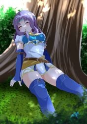 1girls against_tree armor bare_thighs boots breasts closed_eyes clothes_lift elbow_gloves female female_only fingerless_gloves fire_emblem fire_emblem:_the_blazing_blade florina_(fire_emblem) gloves headband kisaragi_setsu_(mssk8485) long_hair medium_breasts nintendo open_mouth outdoors panties pantyshot pantyshot_(sitting) purple_hair short_sleeves sitting skirt_lift sleeping solo thick_thighs thigh_boots thighs tree underwear upskirt white_panties