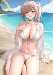 amber_eyes bikini black_choker blurry blurry_background blush breasts brown_eyes brown_hair choker cleavage collarbone commentary_request female hair_ornament hair_ribbon highres imouto-chan_(monaka_curl) jewelry large_breasts long_hair looking_at_viewer monaka_curl navel necklace original outdoors parted_lips ribbon see-through side_ponytail smile solo stomach swimsuit thighs water white_bikini white_ribbon