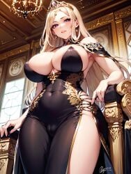 1girls ai_generated crown curvaceous curvy_body curvy_female dress golden_crown huge_breasts looking_at_viewer looking_down princess queen seductive_eyes stable_diffusion