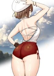 ass atelier_(series) atelier_ryza bare_arms bare_shoulders blush bracelet brown_gloves brown_hair female from_behind gloves hat highres jewelry looking_at_viewer looking_back outdoors parted_lips red_shorts reisalin_stout short_hair short_shorts shorts single_glove sky_(freedom) smile solo thighs white_headwear