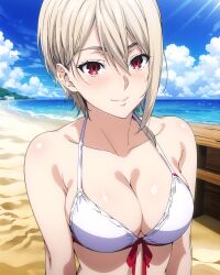 1girls ai_generated alluring beach big_breasts bikini cleavage cookiefudge magenta_eyes nakiri_alice ocean shokugeki_no_souma silver_hair