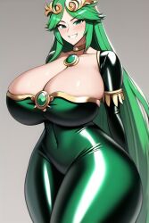 ai_generated cleavage curvaceous curvy curvy_figure gigantic_ass gigantic_breasts green_eyes green_hair green_latex huge_ass huge_breasts huge_cleavage huge_hips kid_icarus kid_icarus_uprising latex_suit long_hair looking_at_viewer nai_diffusion naughty_face nintendo palutena shiny_clothes shiny_hair shiny_skin stable_diffusion thick_thighs voluptuous wide_hips