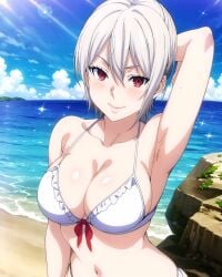 1girls ai_generated alluring beach big_breasts bikini cleavage cookiefudge magenta_eyes nakiri_alice ocean posing shokugeki_no_souma silver_hair