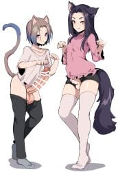 2boys animal_ears bar_censor big_penis black_hair black_pants black_shorts blue_hair blush brown_hair cat_boy cat_ears cat_tail catboy censored closed_mouth covered_nipples erection femboy frilled_shirt frills full_body fully_retracted_foreskin gradient_hair hamidemachi hands_up huge_cock human hung_trap kemonomimi_mode large_testicles light-skinned_male light_skin long_hair looking_at_viewer male male_only medium_hair omoi_ryuugi open_clothes otoko_no_ko otokonoko pants pants_pull paw_pose penis penis_out penis_size_difference pink_eyes pink_shirt purple_eyes sera_aori_(hamidemachi) shirt shorts simple_background small_penis smile standing sweatdrop tail testicles thighhighs trap two-tone_hair unbuttoned unzipped white_background white_legwear white_shirt wolf_boy wolf_ears wolf_tail