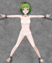 1girls ahoge ass_visible_through_thighs bare_arms bare_legs bare_midriff bare_thighs blue_eyes blush bondage bound bra breasts chains dogansa empty_eyes female female_only femsub fire_emblem fire_emblem:_the_blazing_blade green_hair hairband legs looking_at_viewer midriff nino_(fire_emblem) nintendo open_mouth panties restrained shocked short_hair small_breasts solo spread_legs thighs underwear white_panties wide_eyed