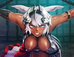 1girls abs angry animal_ears arm_tattoo armlet armor armpit_hair bangs bare_shoulders bars bent_over black_armpit_hair black_pubic_hair blue_eyes blurry blurry_background blush breasts caenis_(fate) captured dark-skinned_female dark_skin dated depth_of_field eyebrows_visible_through_hair fate/grand_order fate_(series) faulds female female_only female_pubic_hair furrowed_eyebrows hair_between_eyes headwear hero_neisan highres imminent_rape imminent_sex large_breasts layered_skirt legs_together long_hair looking_at_viewer looking_up mismatched_armpit_hair mismatched_pubic_hair moderate_pubic_hair navel nipples open_mouth outstretched_arms pubic_hair pubic_tattoo red_skirt restrained scowl sex_pet sex_slave shiny shiny_skin sidelocks signature skirt solo spread_arms tattoo thigh_gap toned tsurime upper_teeth very_long_hair white_hair white_skirt