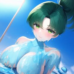 ai_generated awami_aiwam blue_slime breasts female female_only fire_emblem fire_emblem:_the_blazing_blade green_eyes looking_at_viewer lyn_(fire_emblem) nai_diffusion nintendo slime solo stable_diffusion