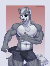 2023 abs absurd_res ajdrawsnice anthro biceps big_bulge big_muscles border briefs briefs_pull bulge canid canine canis claws clothed clothing clothing_pull deltoids erection erection_under_clothing eye_patch eyebrows eyewear front_view fur genital_outline gradient_background grey_border hair hi_res looking_at_viewer male male_only mammal muscular muscular_anthro muscular_male navel nintendo nipples obliques open_mouth open_smile pecs penis_outline pink_background seductive simple_background smile solo standing star_fox teeth text tongue topless topless_anthro topless_male triceps tuft underwear underwear_pull url wolf wolf_o'donnell
