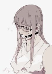 ball_gag blush drooling female female_only gag gagged gintama glasses heart long_hair looking_at_viewer masochist mole_under_eye monochrome sarutobi_ayame sketch solo sweatdrop tinted_eyewear upper_body white_tea