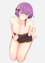 1girls bare_legs bare_shoulders bernadetta_von_varley blush cleavage collarbone fire_emblem fire_emblem:_three_houses grey_eyes grimkopi18 grimteacups kneeling large_breasts looking_at_viewer nintendo nipples post-timeskip purple_hair short_hair smile solo teasing white_background