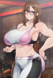 1girls armpits athletic_female belly braided_hair braided_ponytail breasts brown_hair fate/grand_order fate_(series) glasses gym_clothes long_hair looking_at_viewer muscular_female solo solo_female solo_focus teaindian toned yoga_pants yu_mei-ren_(fate)