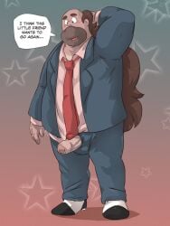 1boy balls beard boner clothed clothed_male clothing erection facial_hair fully_clothed greg_universe hand_behind_head long_hair male male_only markwulfgar overweight penis penis_out solo solo_male speech_bubble steven_universe suit tanline tie