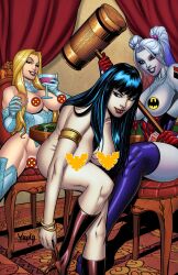 3girls batman_(series) bending_over big_breasts blonde_hair blue_boots blue_hair boots breasts brown_hair censored censored_breasts censored_pussy corset crossover dc dc_comics dynamite_comics emma_frost fangs faro's_lounge female female_only gloves hammer harley_quinn hector_rubilar high_heel_boots jose_varese knee_boots long_gloves mallet marvel marvel_comics multicolored_hair multiple_girls naked_female pink_hair platinum_blonde_hair poker purple_boots red_boots spread_legs strip_poker stripping thigh_boots thighhighs undressing vampire vampire_girl vampirella vampirella_(series) white_queen x-men