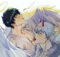 2boys 3lbmrnaa2beutua alternate_costume angel angel_and_devil angel_wings bite bite_mark bite_marks black_hair blush devil_horns feathered_wings fur_collar gay gintama gintoki_sakata hair_grab halo head_back head_grab hijikata_toshiro horns licking licking_male_nipple male male_only nipple_biting nipple_licking nipple_piercing open_mouth profile red_eyes see-through_clothing tongue_out upper_body white_hair wings yaoi