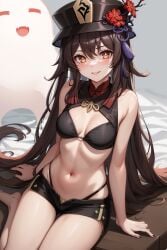 ai_generated bikini_top boo_tao_(genshin_impact) breasts brown_hair female genshin_impact ghost hu_tao_(genshin_impact) looking_at_viewer midriff nai_diffusion partially_clothed red_eyes shorts small_breasts smile smiling stable_diffusion thighs twintails