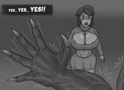 anthro big_ass claws cleavage cleavage_cutout glasses height_growth huge_breasts huge_muscles human imminent_growth monster muscle_growth scooby-doo scooby-doo_(character) scrappy-doo scrappys_triumph shocked_expression skirt small_balls small_penis soul_vore sweater the_starman transformation velma_dinkley visible_nipples