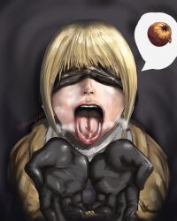 1female 1girls ahegao black_gloves blind blindfold blonde_hair cupping_hands elden_ring facing_viewer fellatio female fromsoftware gloves hyetta_(elden_ring) mouth_fetish mouth_open oblivious open_mouth oral_invitation pov presenting_mouth reingvalt steamy_breath tongue tongue_out