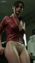 1girls 3d akkonsfw blender blue_eyes brown_hair claire_redfield claire_redfield_(jordan_mcewen) female female_only jacket mostly_nude pinup pussy resident_evil resident_evil_2 resident_evil_2_remake shaved_pussy solo