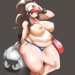 big_breasts black_background blush chubby chubby_female doumegane hand_on_head hat hi_res hilda_(pokemon) human looking_at_viewer nipples obese_female pokemon pokemon_(species) ripped_clothing ripped_pants shelgon simple_background thick_thighs thunder_thighs