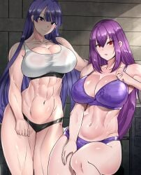 2girls abs belly belly_button breasts fate/grand_order fate_(series) light-skinned_female light_skin long_hair looking_at_viewer magenta_hair muscular muscular_female open_mouth purple_clothing purple_eyes purple_hair red_eyes saint_martha scathach_(fate) scathach_skadi smile teaindian thighs toned